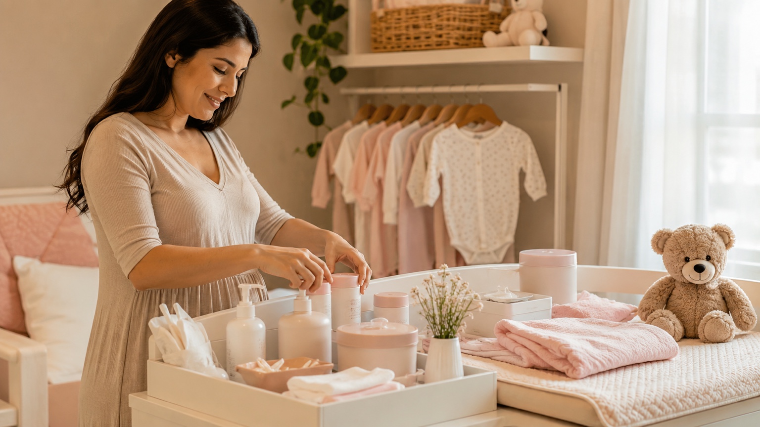 Mãe organizando produtos de cuidados para bebê em cômoda branca, com roupinhas rosas penduradas ao fundo e ursinho de pelúcia ao lado