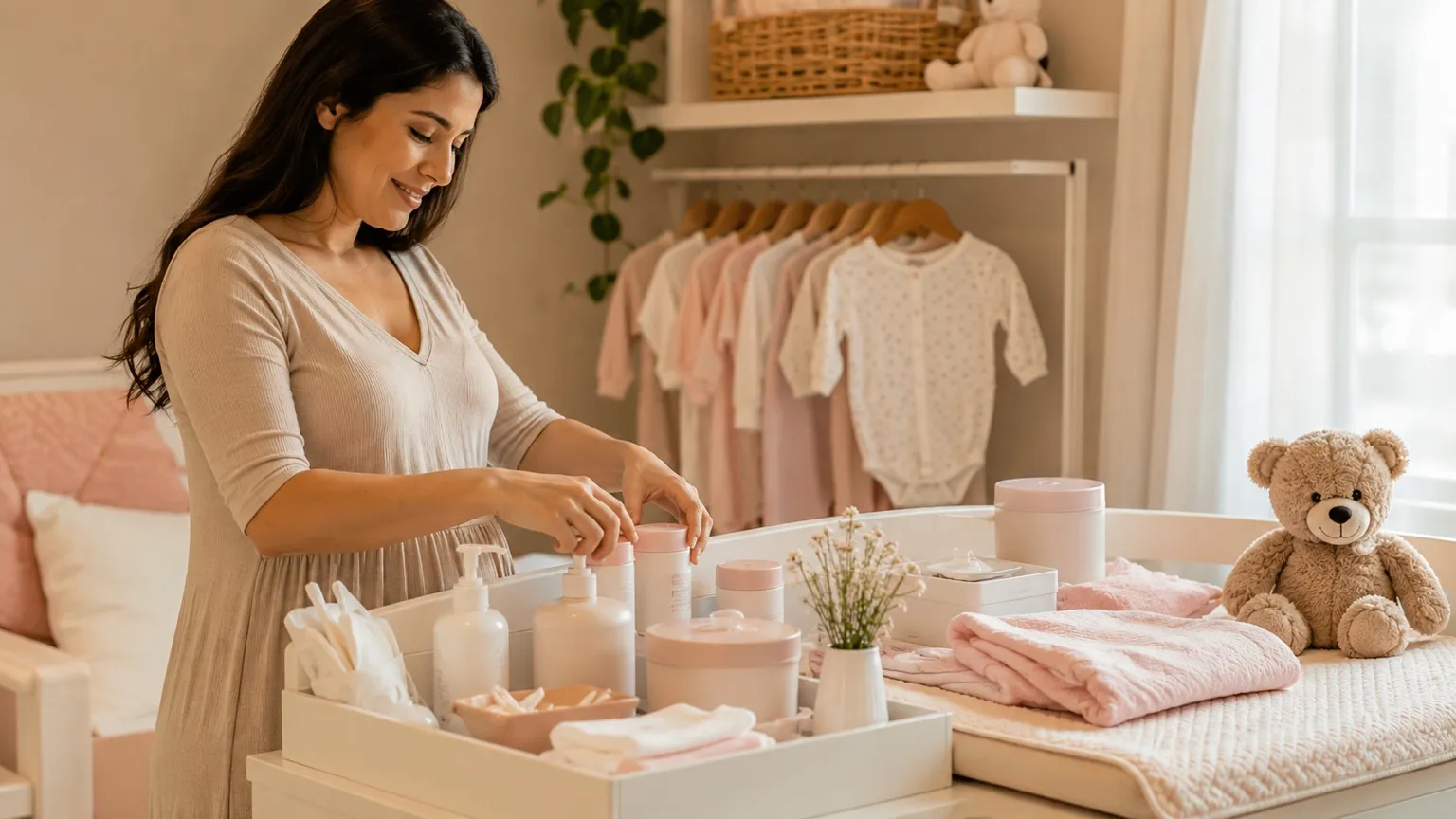 Mãe organizando produtos de cuidado para bebê em cômoda branca, com roupinhas rosas e ursinho de pelúcia ao lado